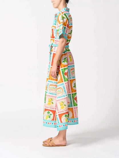 Printed linen maxi shirt collar summer dress