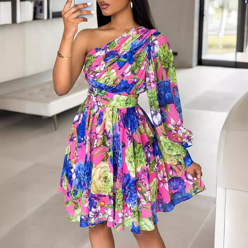 Asymmetric One-Shoulder Baroque Print Balloon Sleeve Skater Mini Dress