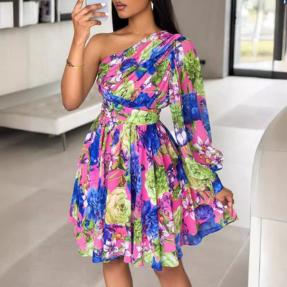 Asymmetric One-Shoulder Baroque Print Balloon Sleeve Skater Mini Dress