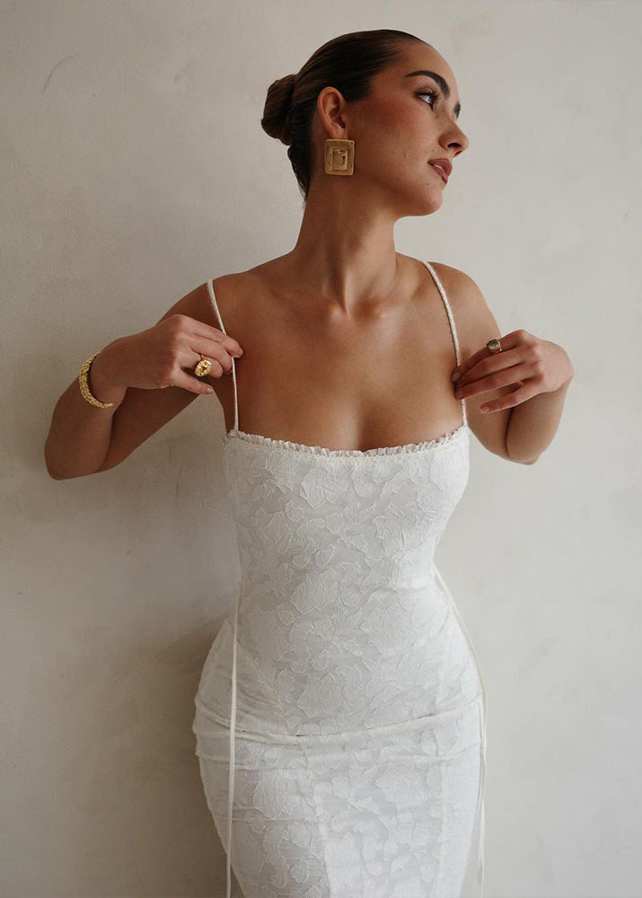 Jacquard Lace Pattern Square Neck Spaghetti Strap Side Tie Trumpet Maxi Gown