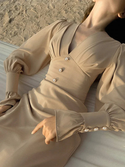 French-style lantern sleeve midi dress