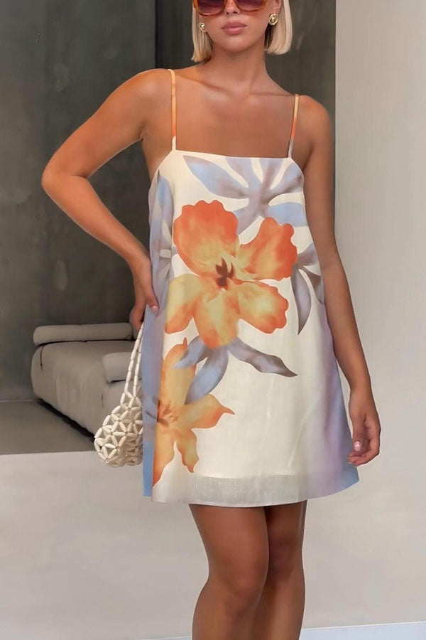 Summer Surprise Linen Blend Floral Print Slip H-line Mini Dress
