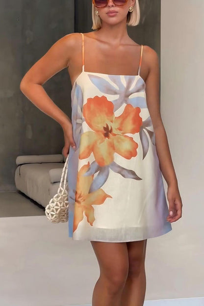 Summer Surprise Linen Blend Floral Print Slip H-line Mini Dress