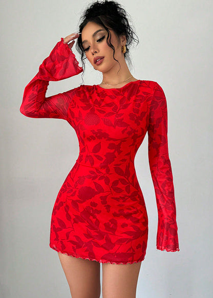 Crew Neck Long Bell Sleeve Lettuce Edge Floral Mesh Overlay Bodycon Mini Dress