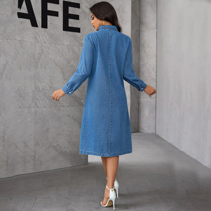 Chinese StCollar Elegant Graceful Retro Long Sleeve Denim Midi Dress