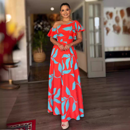 Printed Beveled off Shoulder Ruffled Sleeve Dress
