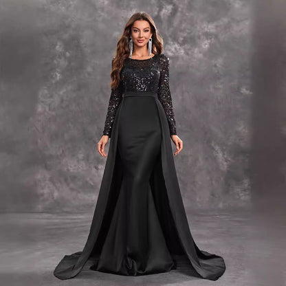 Prom Party Dress Sequined Long Sleeve Round Neck Elegant Black Formal Dress