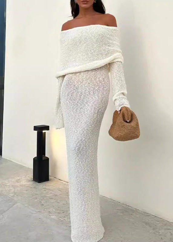 Off Shoulder Foldover Cuff Metallic Knit Bodycon Maxi Dress