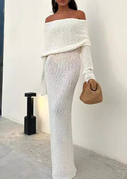 Off Shoulder Foldover Cuff Metallic Knit Bodycon Maxi Dress