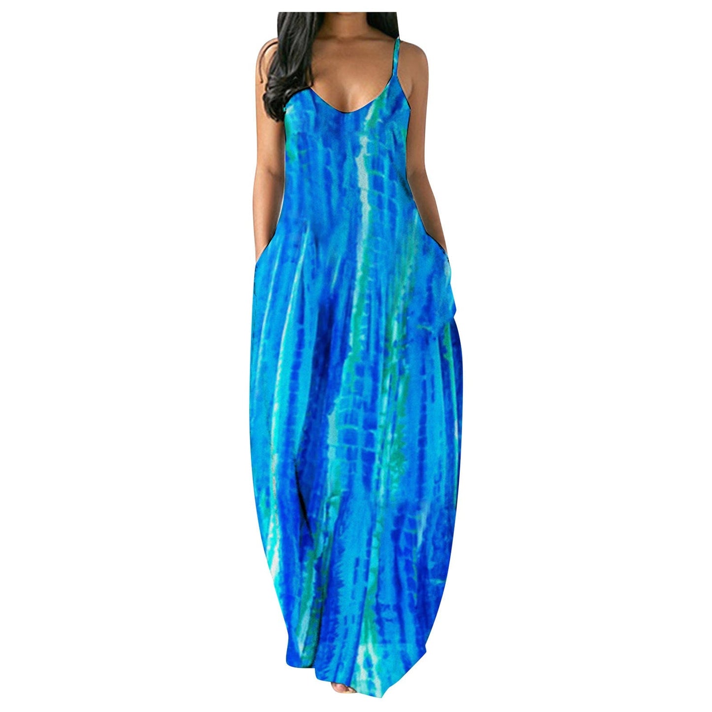 Butterfly Print Spaghetti Strap V-Neck Pocket Maxi Dress
