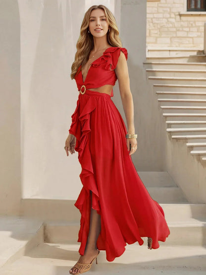 Red Ruffle Cutout Maxi Dress with Front Slit