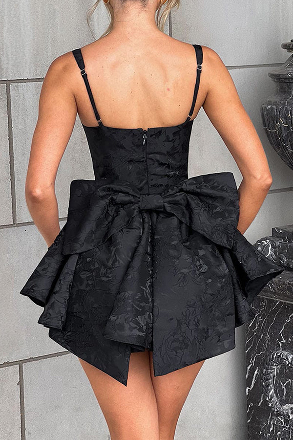Jacquard Fabric Halter Back Elegant Bow Slim Fit Mini Dress