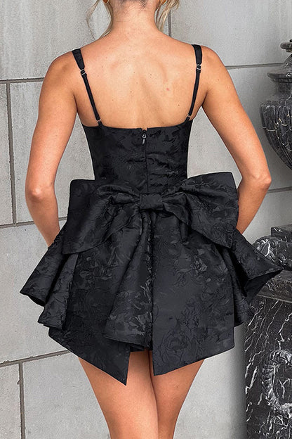 Jacquard Fabric Halter Back Elegant Bow Slim Fit Mini Dress