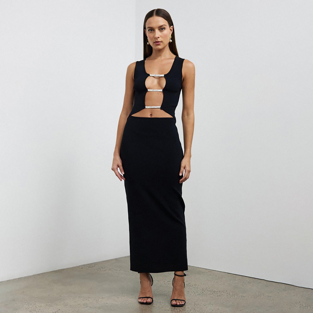 Black Cutout Nightclub Party Dress Lace up Design Slim Fit