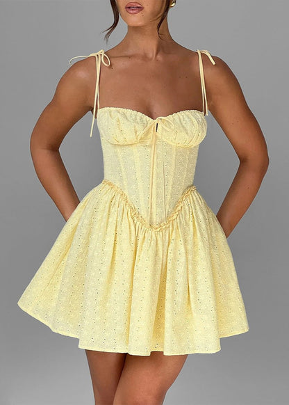 Eyelet Lace Corset Bustier Tie Strap Basque Waist Fit and Flare Mini Dress