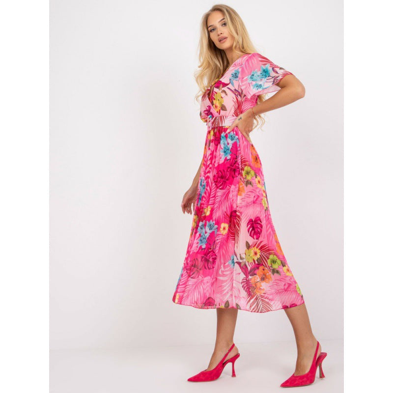 Tropical Floral Print Wrap V-Neck Flutter Sleeve Accordion Pleated Midi Dress