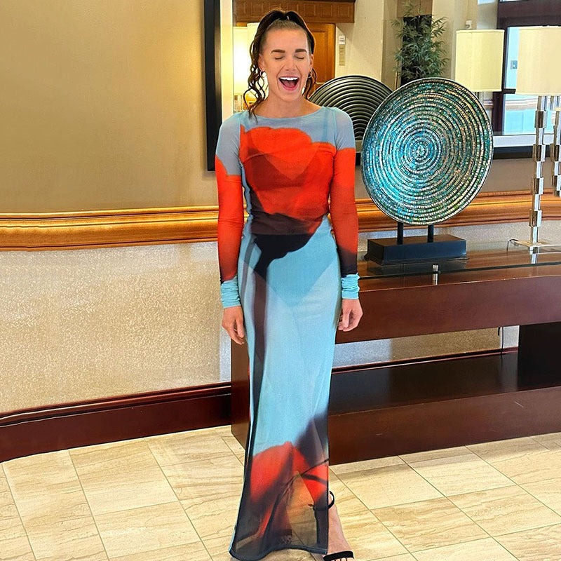 Printed Round Neck Mesh See through Split Dress