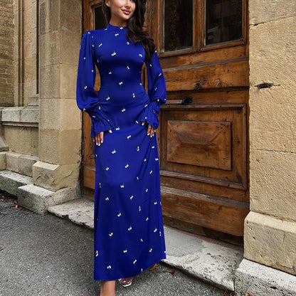 Printed round Neck Long Sleeved Dress Waist Controlled Drape Satin Dress