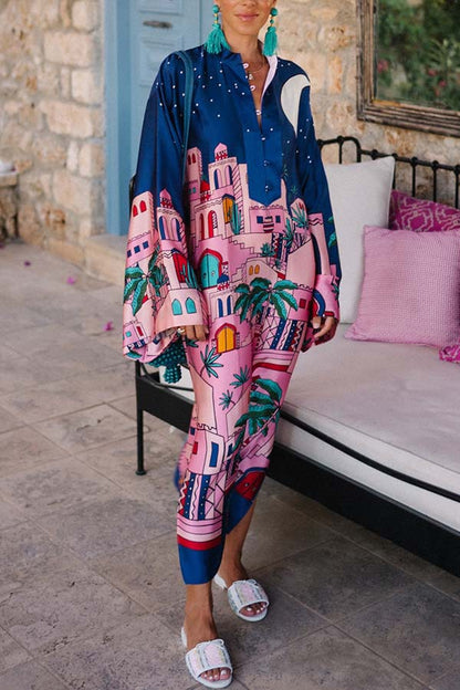 Seaside Stroll Satin Unique Print Button Up Long Sleeve Slit Kaftan Midi Dress