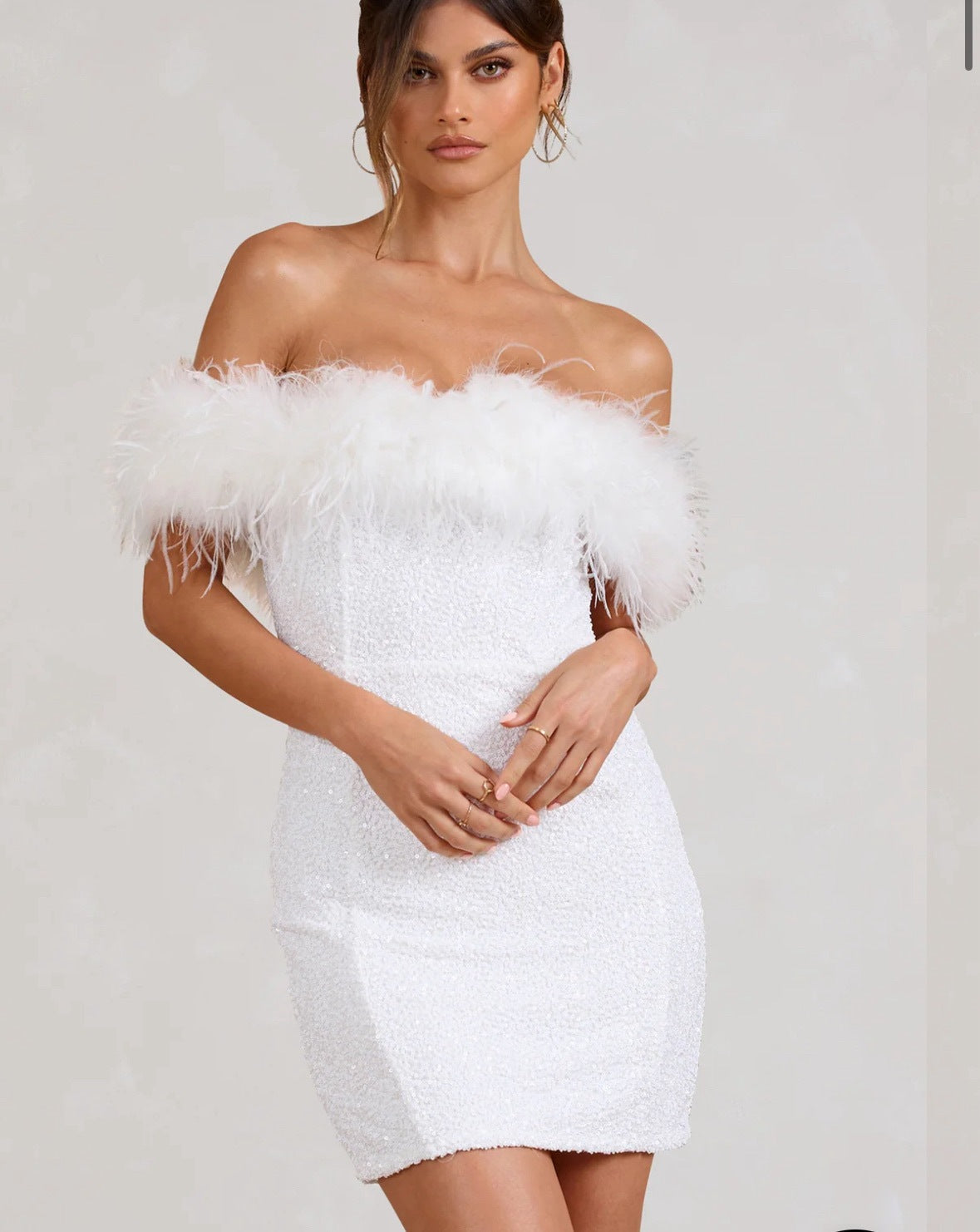 | Off-Shoulder Mini Dress in Sequin with Feather Trim