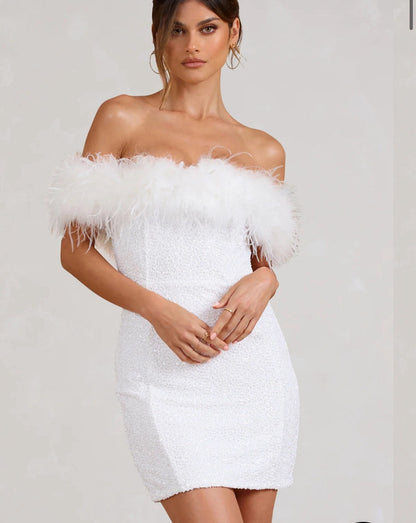 | Off-Shoulder Mini Dress in Sequin with Feather Trim
