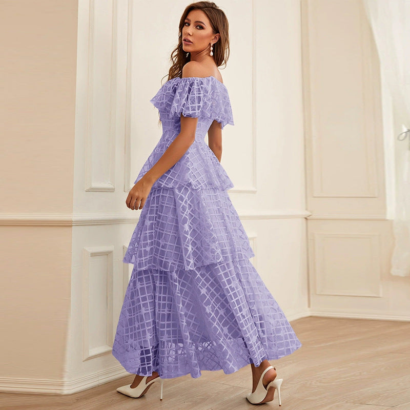 Off Shoulder Pearl Belted Tiered Ruffle Grid Print Organza Maxi Dress