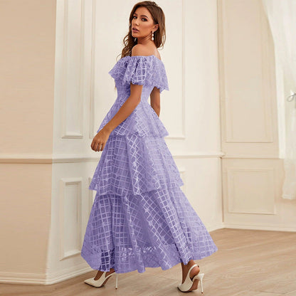 Off Shoulder Pearl Belted Tiered Ruffle Grid Print Organza Maxi Dress