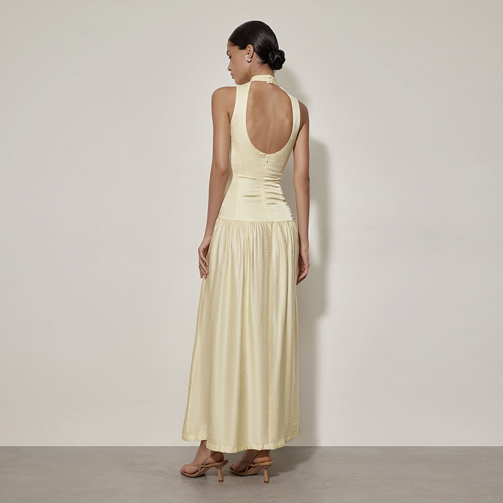 Round Neck Dress Sleeveless Backless Slim Fit Satin Dress