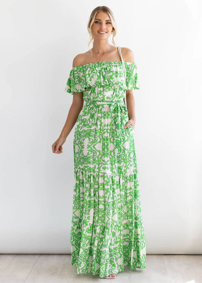 Floral-Print off Shoulder Ruffle Sleeve Elegant Large Swing Dress Dress