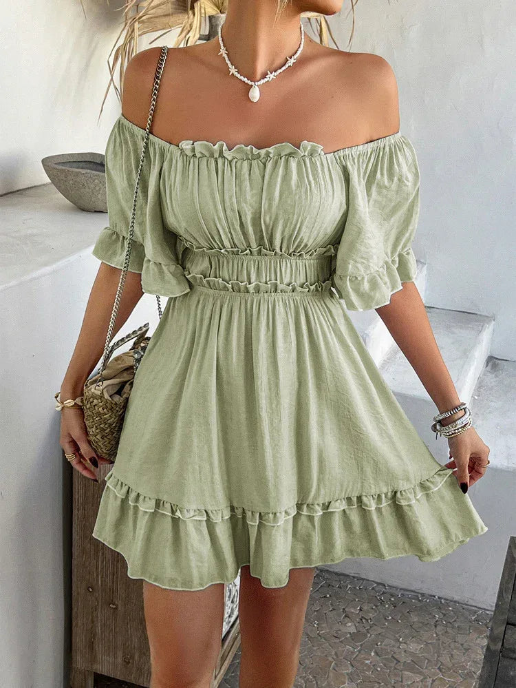 Green Ruffle Ruched Mini Dress Short Frilly