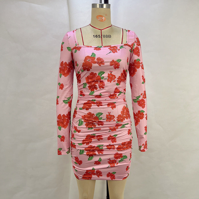 Printed Square Collar Long Sleeve Waist Ruffle Hip Dress