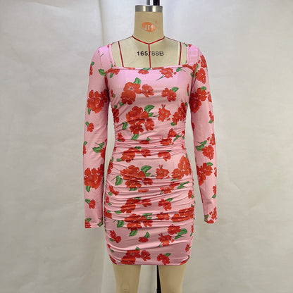 Printed Square Collar Long Sleeve Waist Ruffle Hip Dress