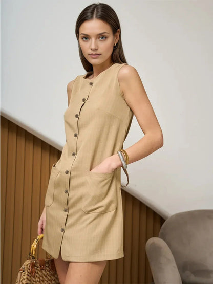 Sleeveless Button Front Summer Mini Dress with Waist Tie