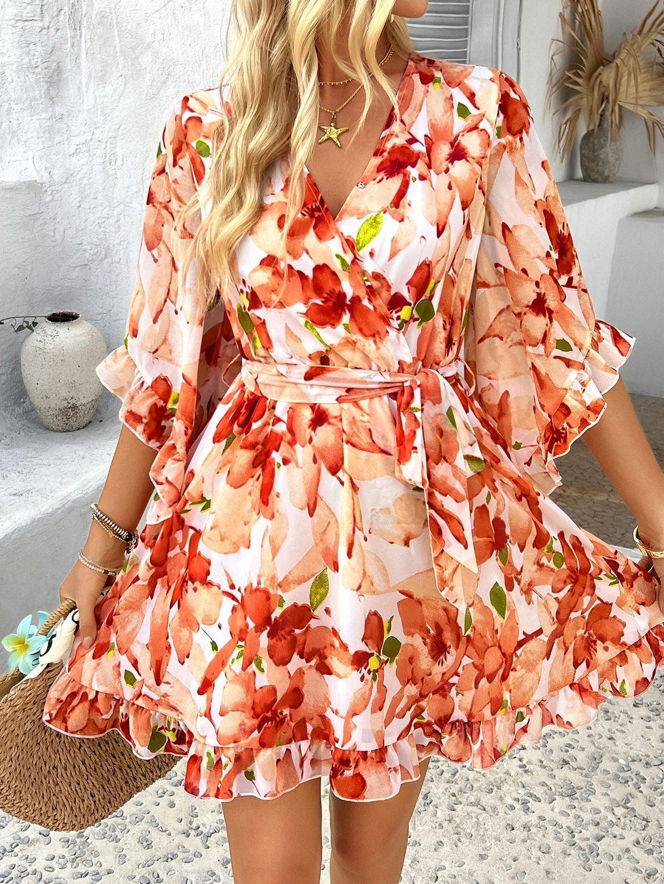 RUFFLE FLORAL WRAP MINI DRESS ORANGE SUMMER