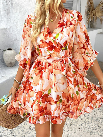 RUFFLE FLORAL WRAP MINI DRESS ORANGE SUMMER