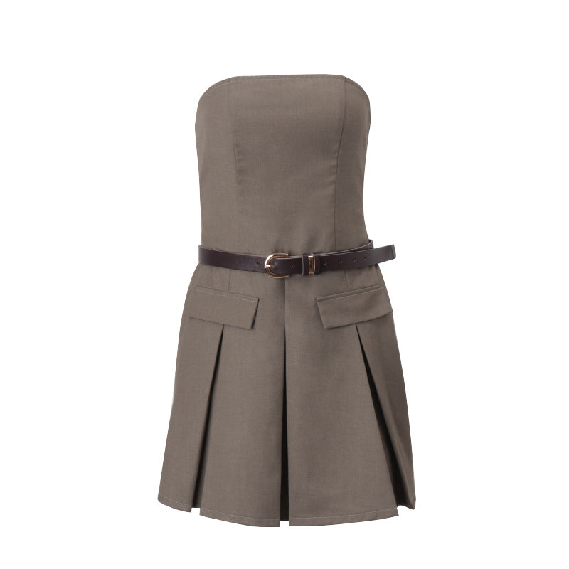 Women's Clothing 2024 Autumn New Fashion Personality Street Retro Tube Top Slim Dress Pleated Skirt