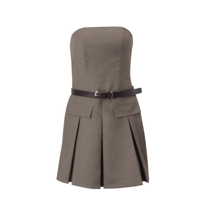 Women's Clothing 2024 Autumn New Fashion Personality Street Retro Tube Top Slim Dress Pleated Skirt