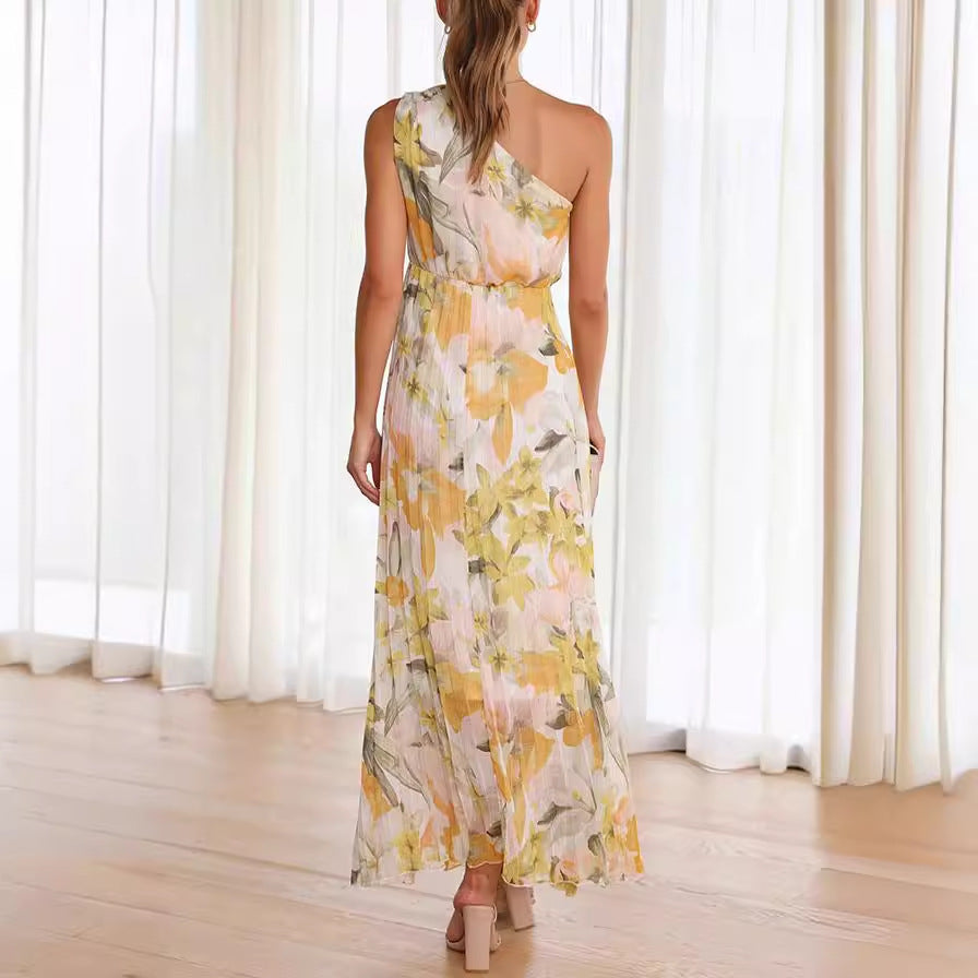 Printing Oblique Shoulder Folding Elastic Waist Vacation Dress Dress
