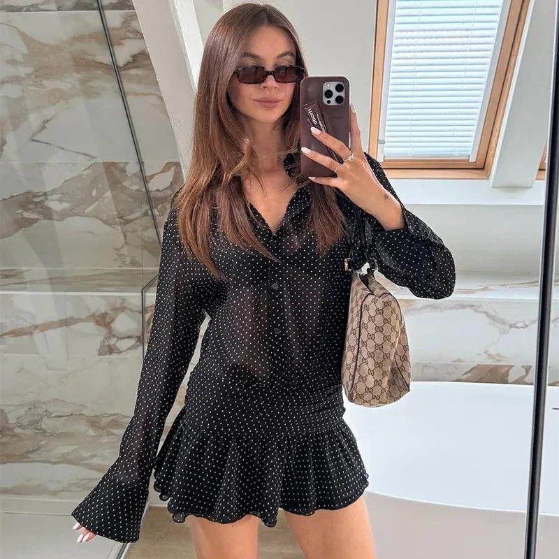 Polka dot chiffon layered mini dress