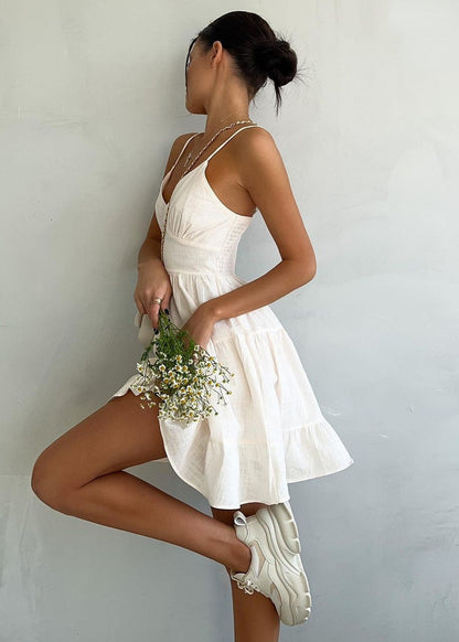 Tiered Ruffle Spaghetti Strap Deep V-Neck Waistband Mini Dress