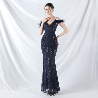 Positioning Floral Sequin Craft Order Ostrich Hair High End Evening Dress