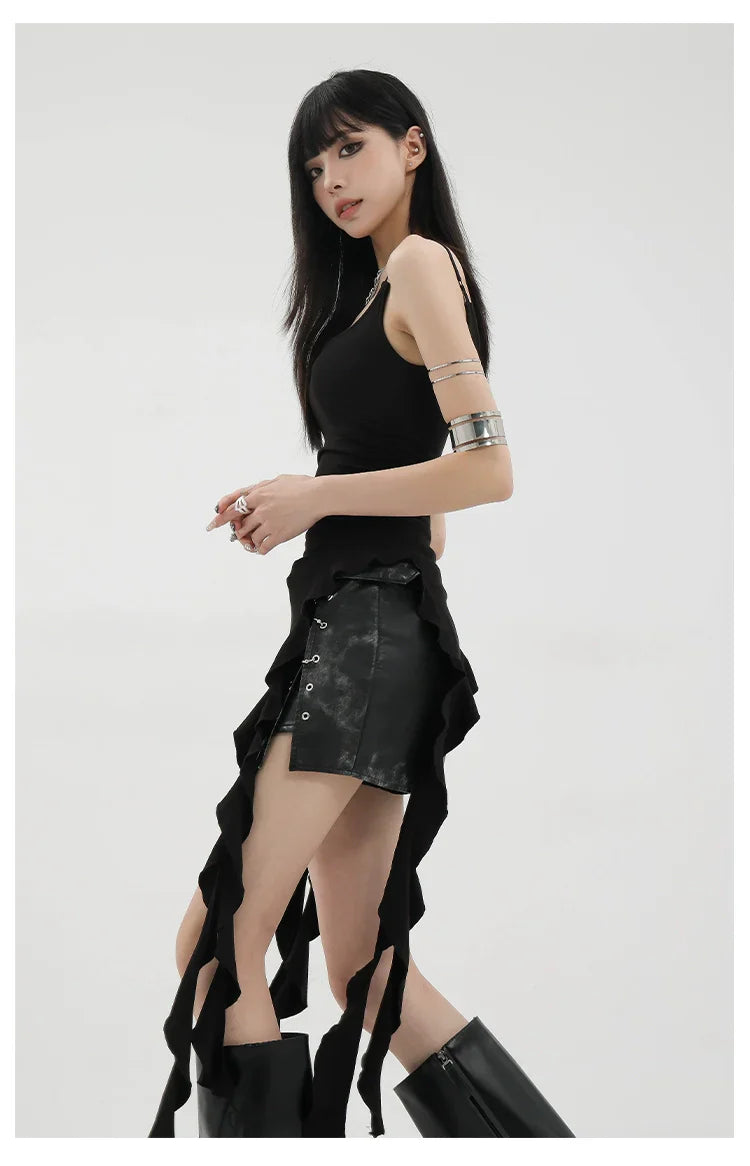 Black Asymmetric Ribbon Strap Tank Top With Ruffle Edge Design