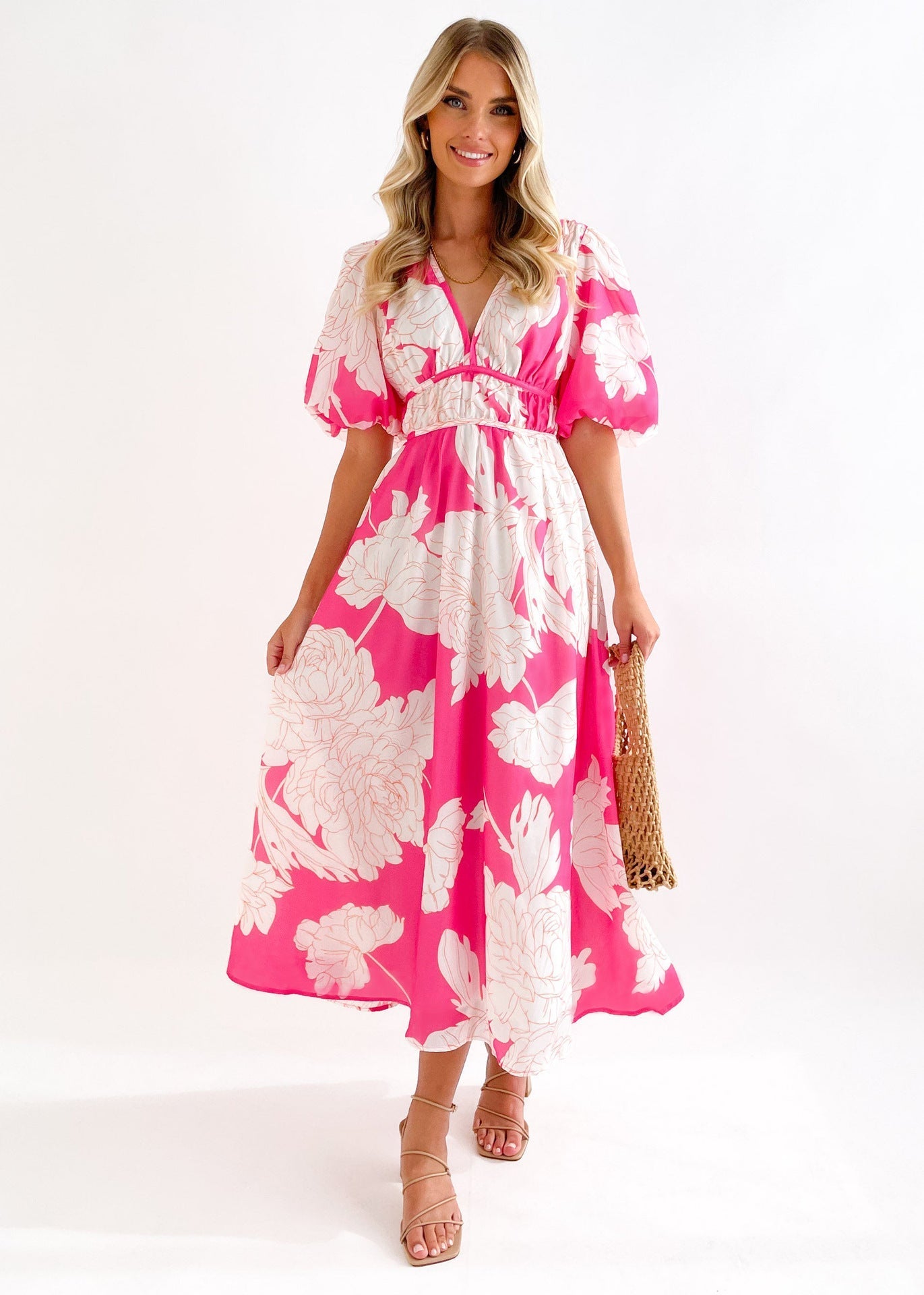 Printed V neck Puff Sleeve Large Swing Dress for