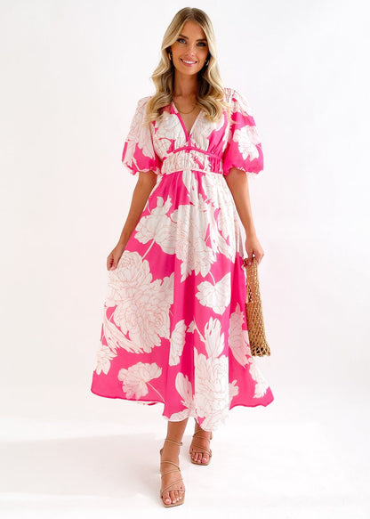 Printed V neck Puff Sleeve Large Swing Dress for