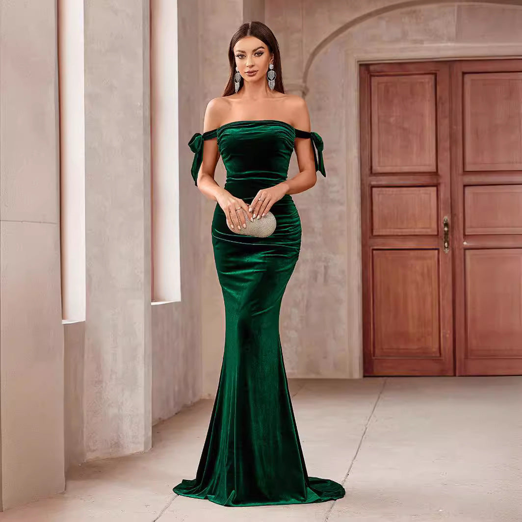 Plus Size Elegant off Shoulder Small Tail Slim Fit Solid Color Cocktail Evening Dress
