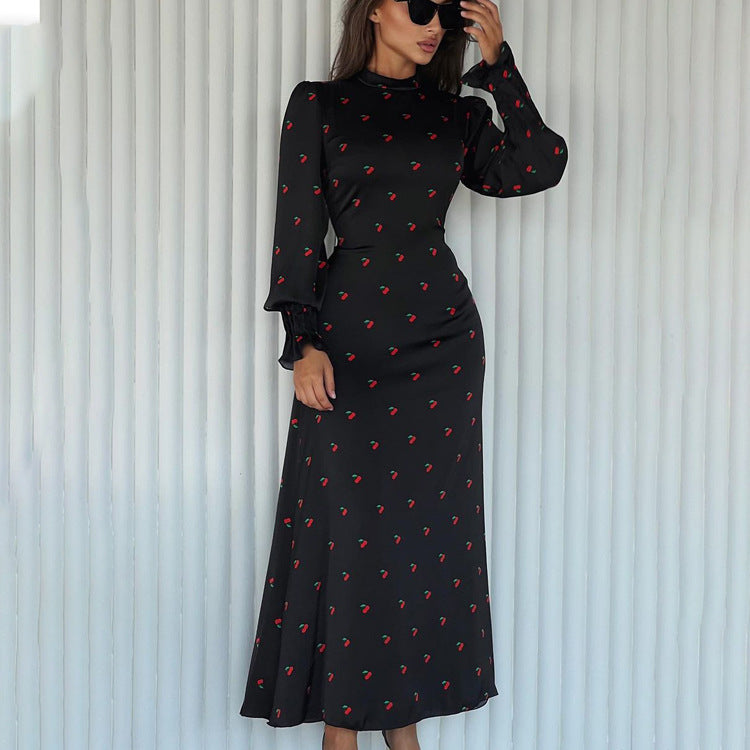 Printed round Neck Long Sleeved Dress Waist Controlled Drape Satin Dress