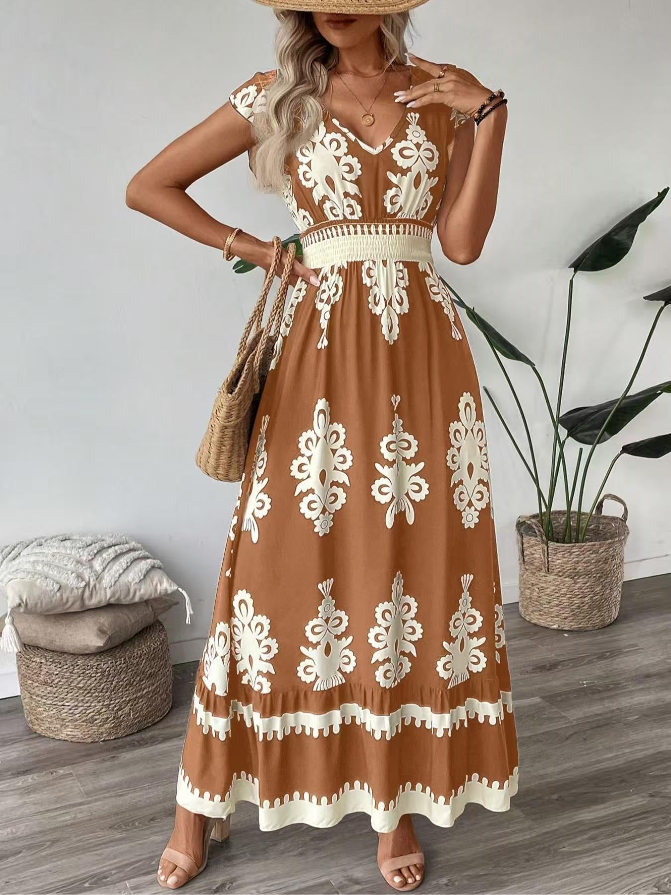 Ornamental Print V-Neck Cap Sleeve Smocked Waist Tiered Hem Boho Maxi Dress