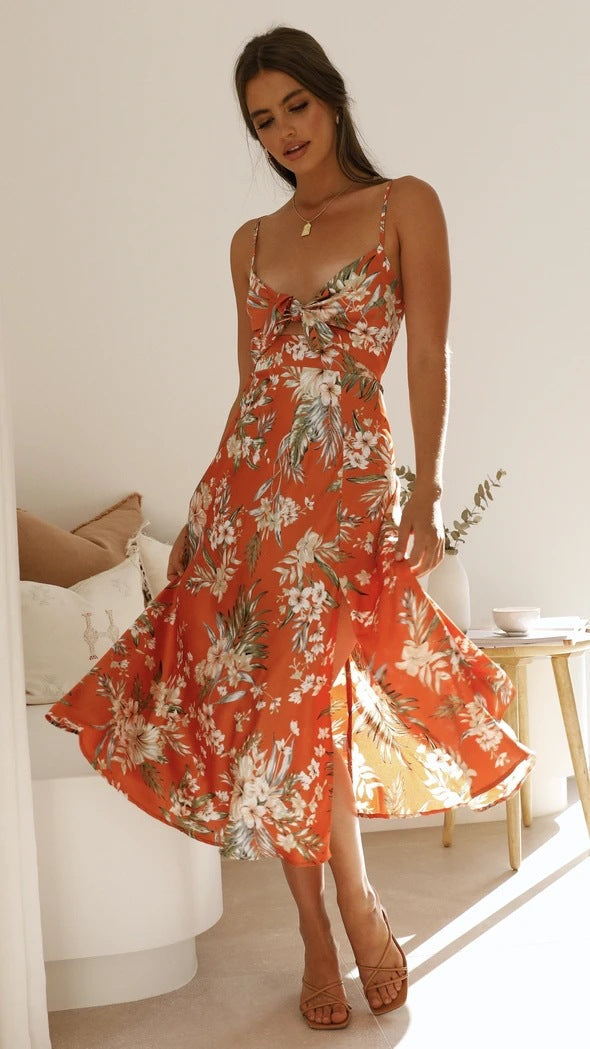 Patchwork Floral Print Spaghetti Strap Cut Out Tie Front Midi Dress