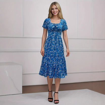Ditsy Floral Print Square Neck Puff Sleeve Tiered Ruffle Hem Midi Dress