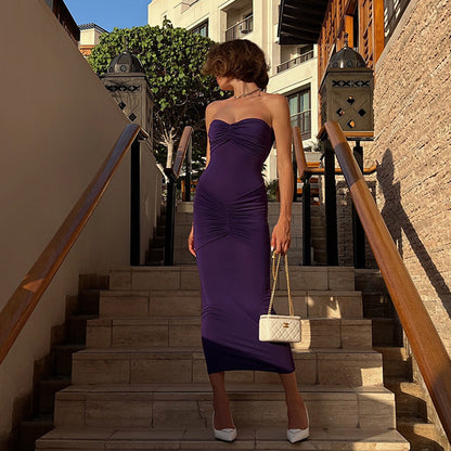 Strapless Ruched Front Bodycon Column Maxi Dress